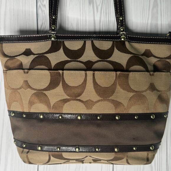 Y2K COACH Signature Stripe Studded Tote Handbag Monogram No G1220-F20014 READ - Picture 2 of 12